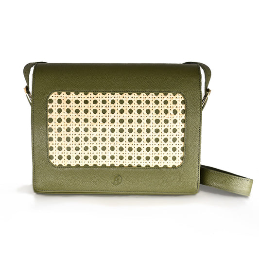 front view of pine colored leather privacy purse