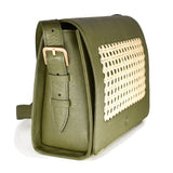 side view of pine colored leather privacy purse