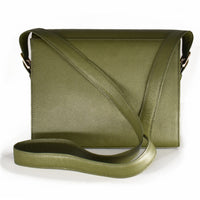 back view of pine colored leather privacy purse